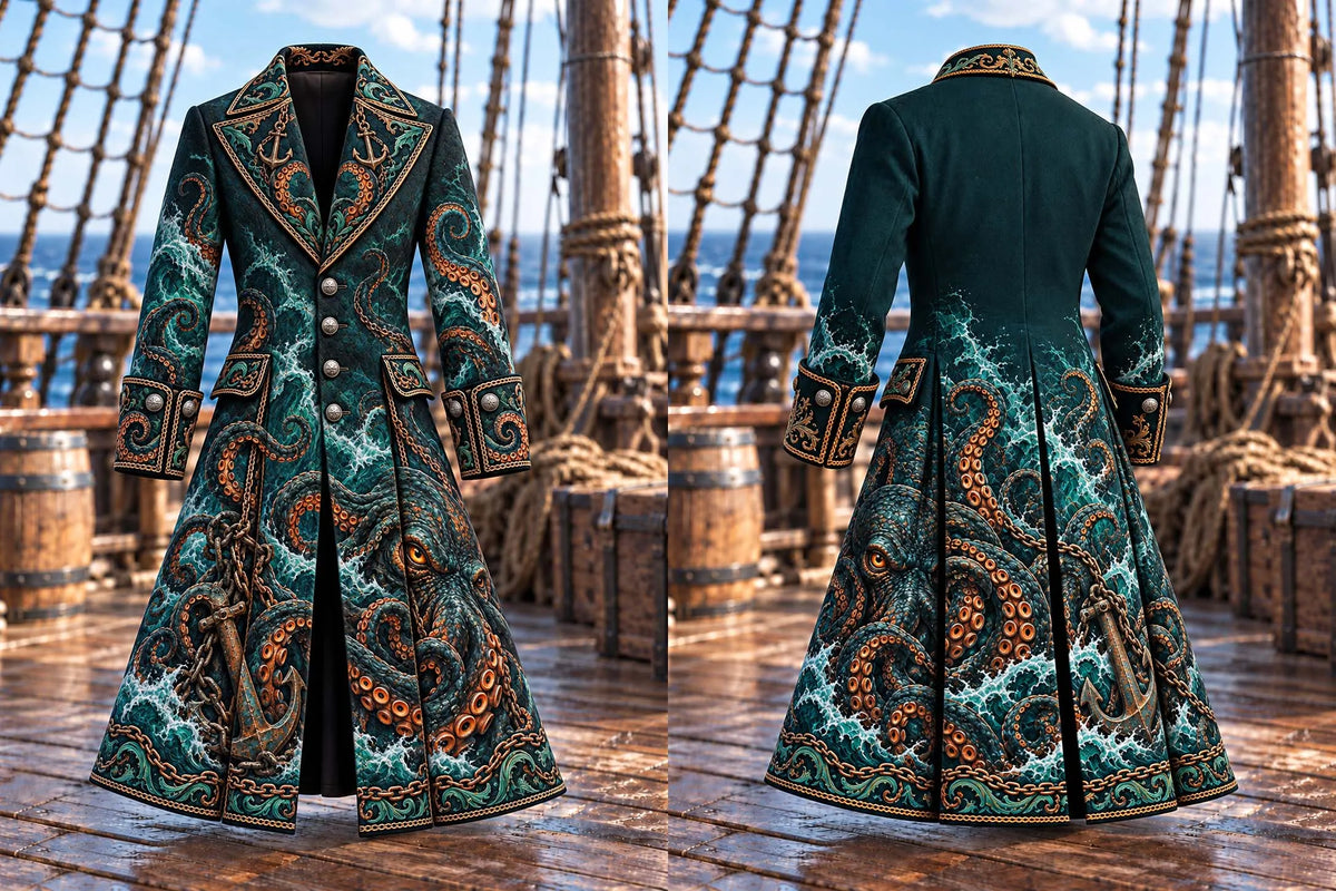 🌊 Deep Sea Ocean Waves & Kraken Tentacles Pirate Coat