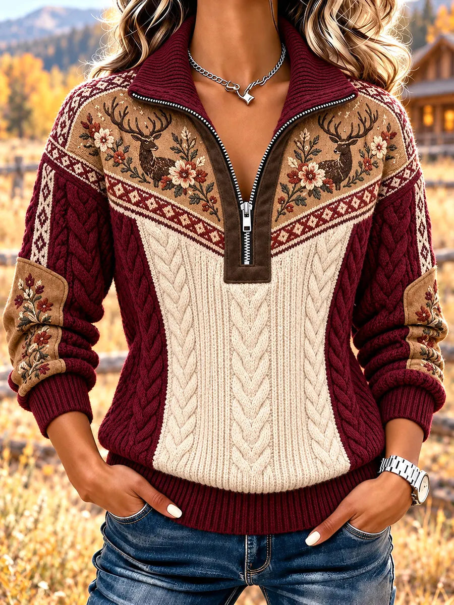 Women's Vintage Deer Floral Colorblock Half-Zip Sweatshirt