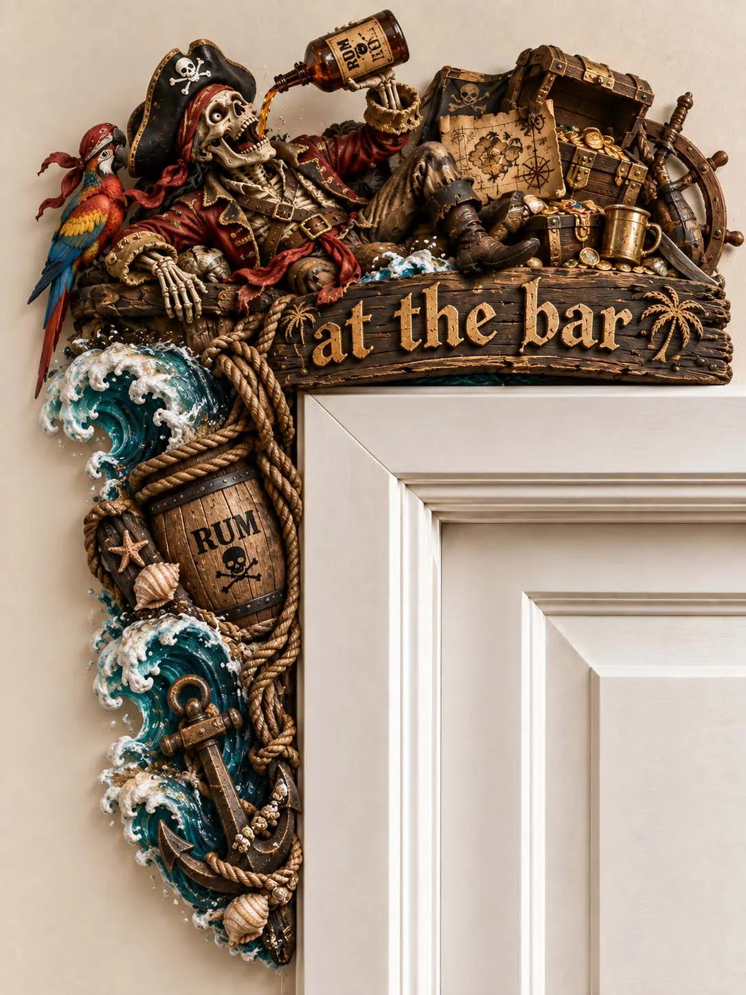 🏴‍☠️ ⚓ Pirate Skeleton Drinking Rum & Treasure Chest Door Frame Corner Decor