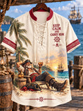 Men’s Beach Pirate Rum Print Lace-Up Short Sleeve Shirt
