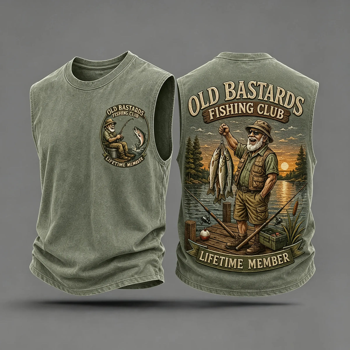 Men's Funny Old Bastards Fishing Club Lifetime Member Print Casual Tank Top