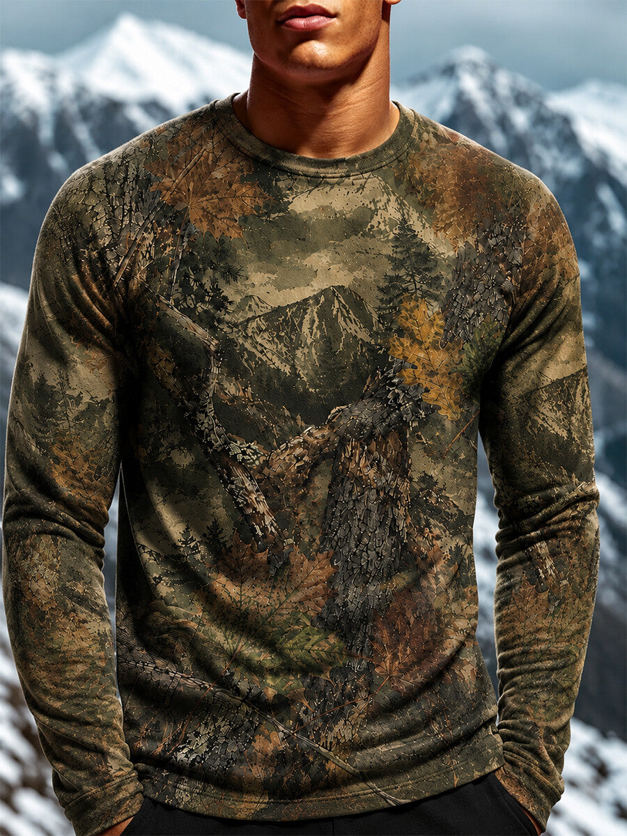 Men's Forest Tree Mountain Camouflage Print Lightweight Thermal Long Sleeve T-Shirt