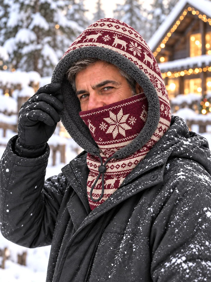 Men’s Nordic Reindeer & Snowflake Fleece-Lined Hooded Neck Warmer Balaclava