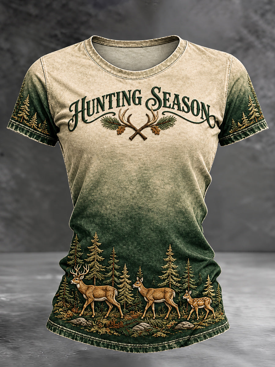 Women's Retro Hunting Culture Art Print Casual T-Shirt