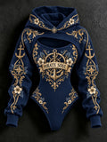Women's Pirate Print Hooded Crop Top & Bodysuit 2-Piece Set