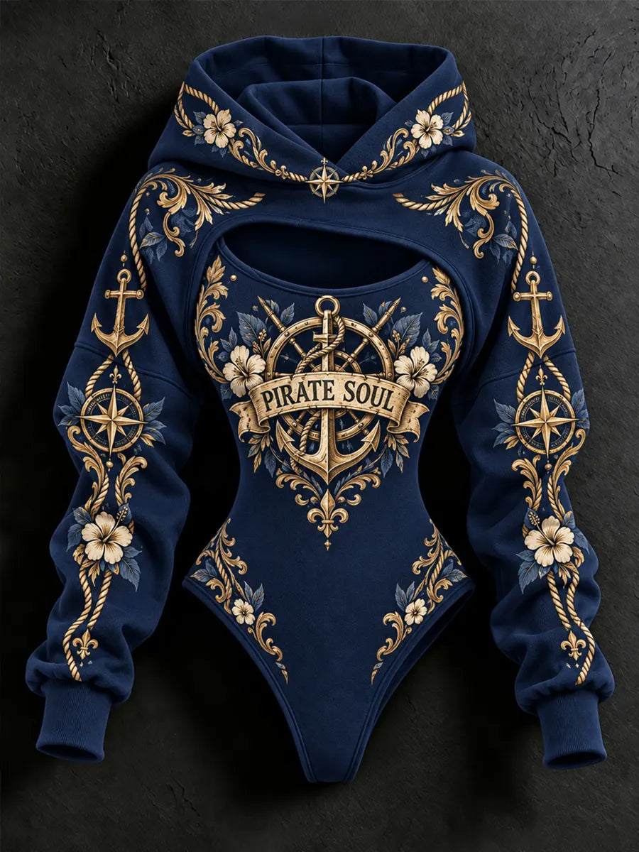 Women's Pirate Print Hooded Crop Top & Bodysuit 2-Piece Set