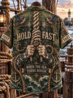 🪢 HOLD FAST Men's Vintage Sailor Tattoo Tightly Gripped Rope Military Green Casual Shirt