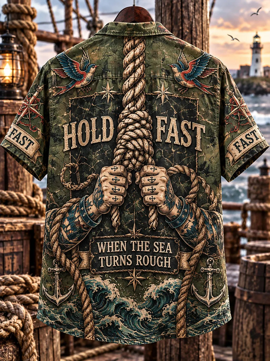 🪢 HOLD FAST Men's Vintage Sailor Tattoo Tightly Gripped Rope Military Green Casual Shirt