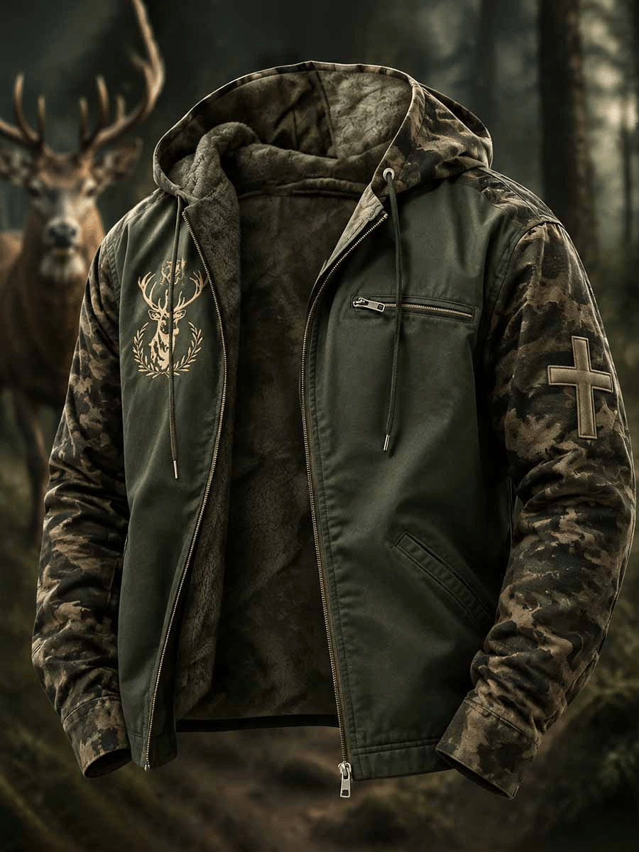 Men's Vintage Faith Traditional Reindeer Pattern Printed Casual Zipper Hooded Plush Jacket