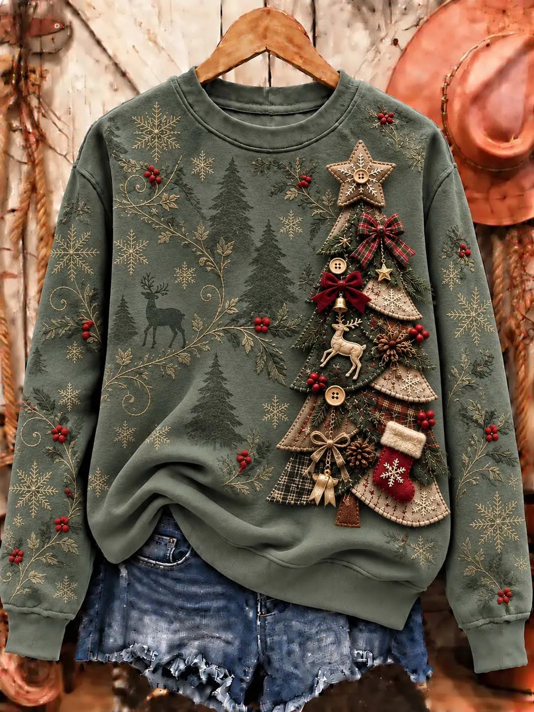 🎄 Vintage Christmas Tree & Reindeer Olive Green Sweatshirt