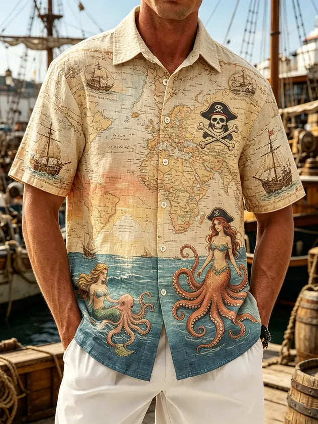 Linen-Texture Vintage Map Pirate Ship Octopus Mermaid and Pirate Motif Chest Pocket Holiday Hawaiian Shirt