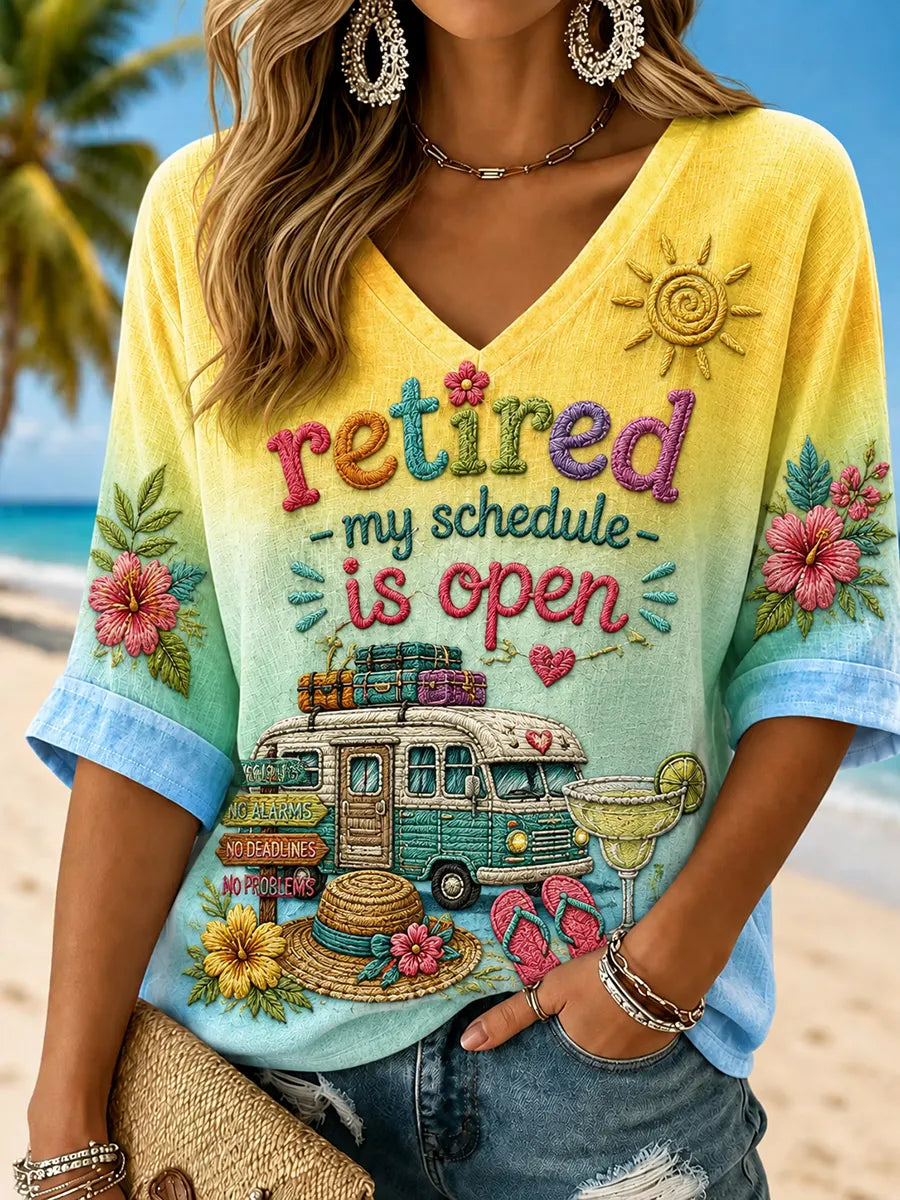Women's Retirement Life Series Mid-Length Sleeve V-Neck T-Shirt
