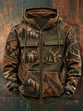 Men's Retro Hunting Culture Print Casual Zip Hoodie