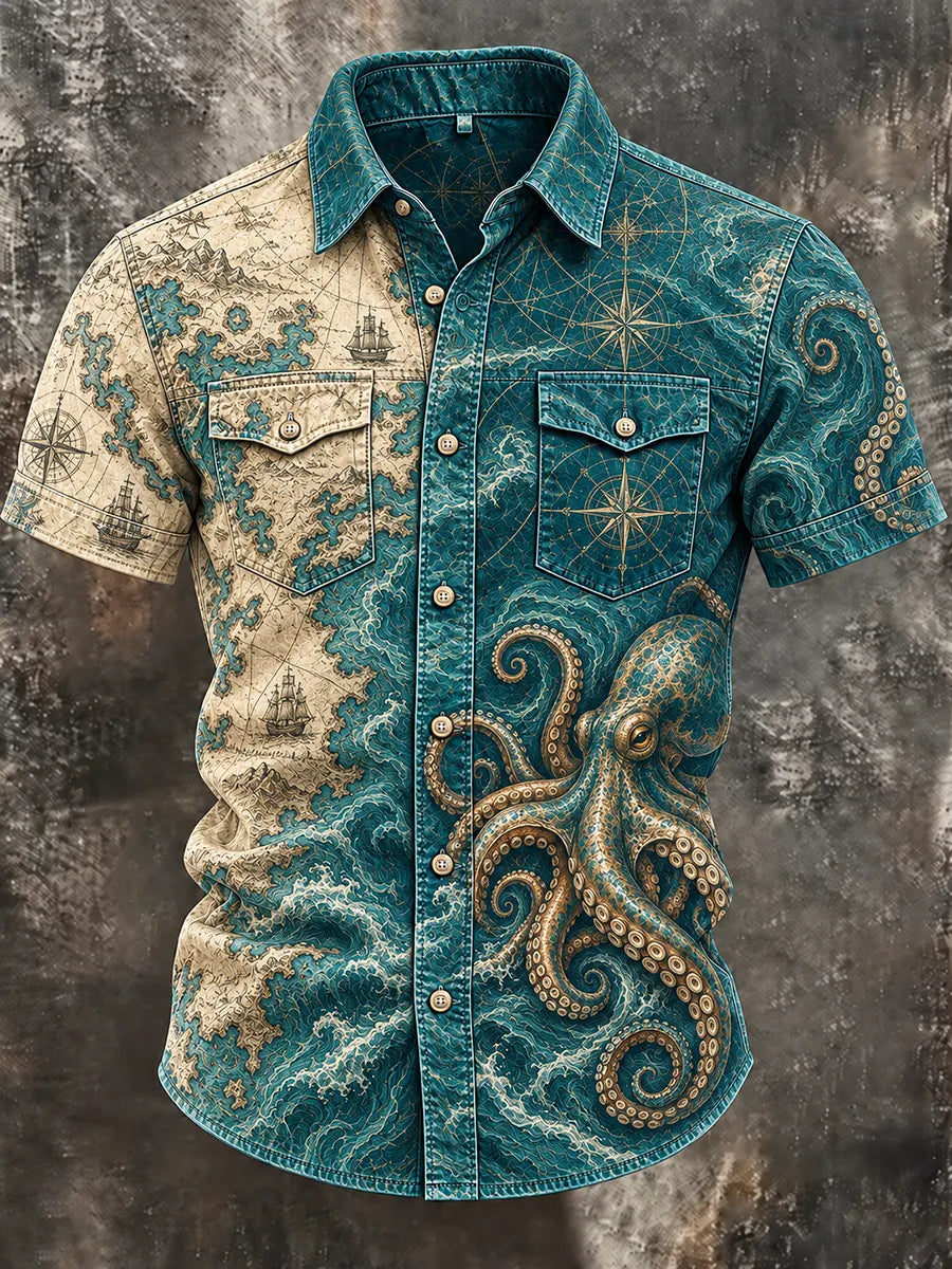 "Kraken's Territory" Nautical Map & Octopus Denim Shirt🌊