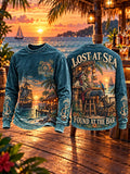Men’s Pirate Skeleton & Beach Bar Print Long-Sleeve Crewneck T-Shirt
