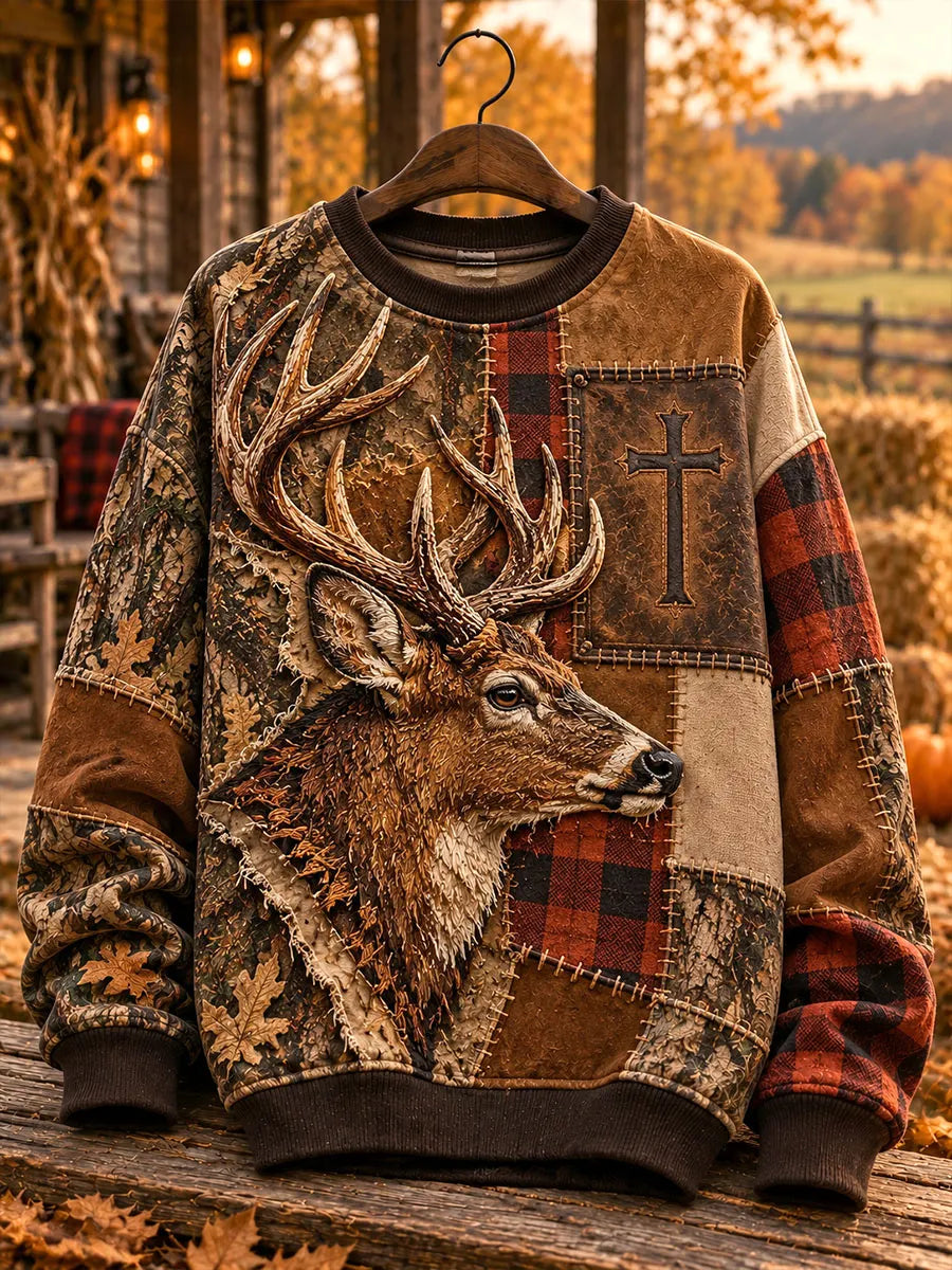 Men's Christian Cross & Deer Vintage Patchwork Crewneck Sweatshirt