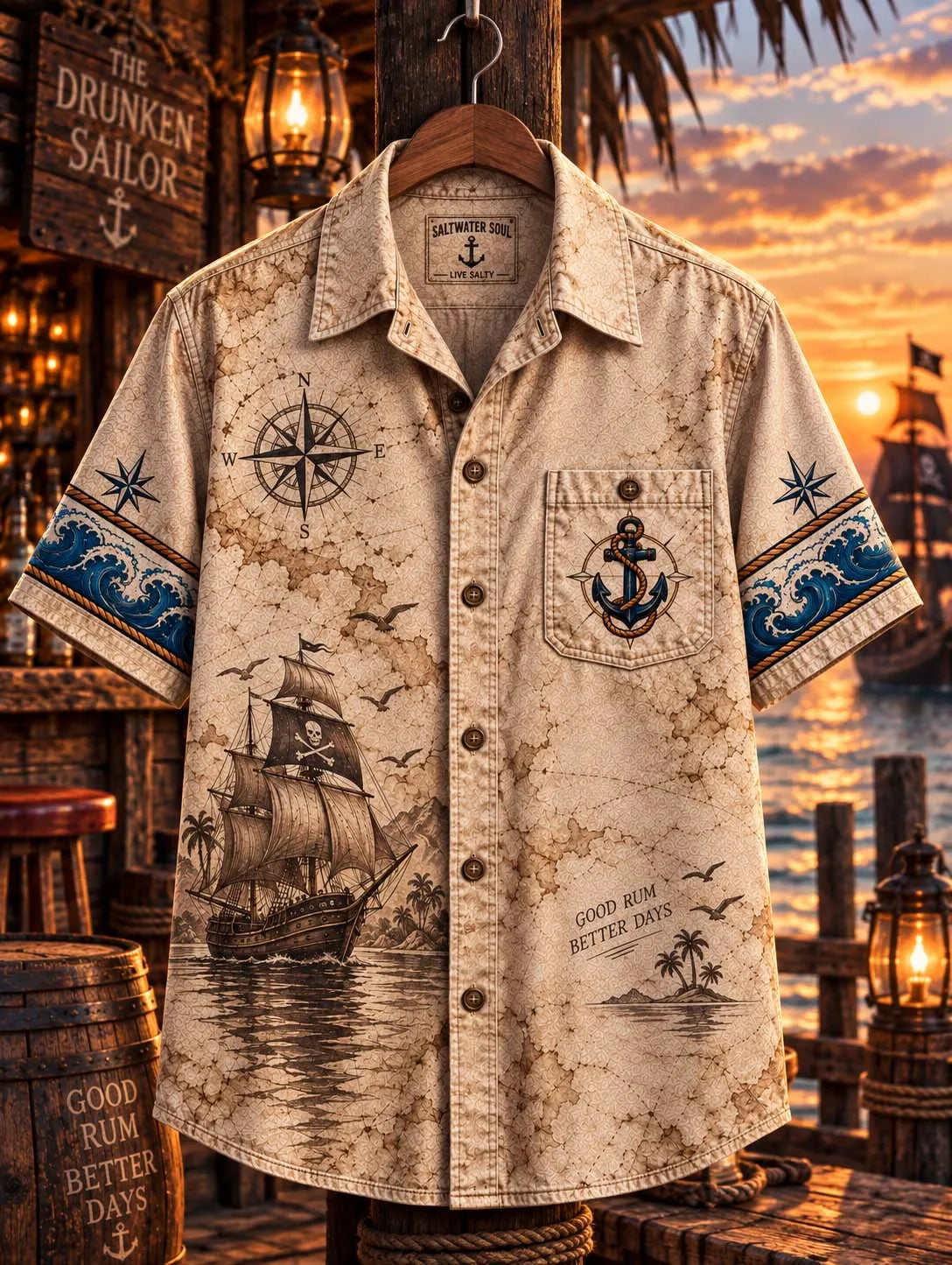 ⛵ 🍻 Sails Furled Rum Poured 🦜 Pirate Sunset Ocean View Tavern Hawaiian Shirt