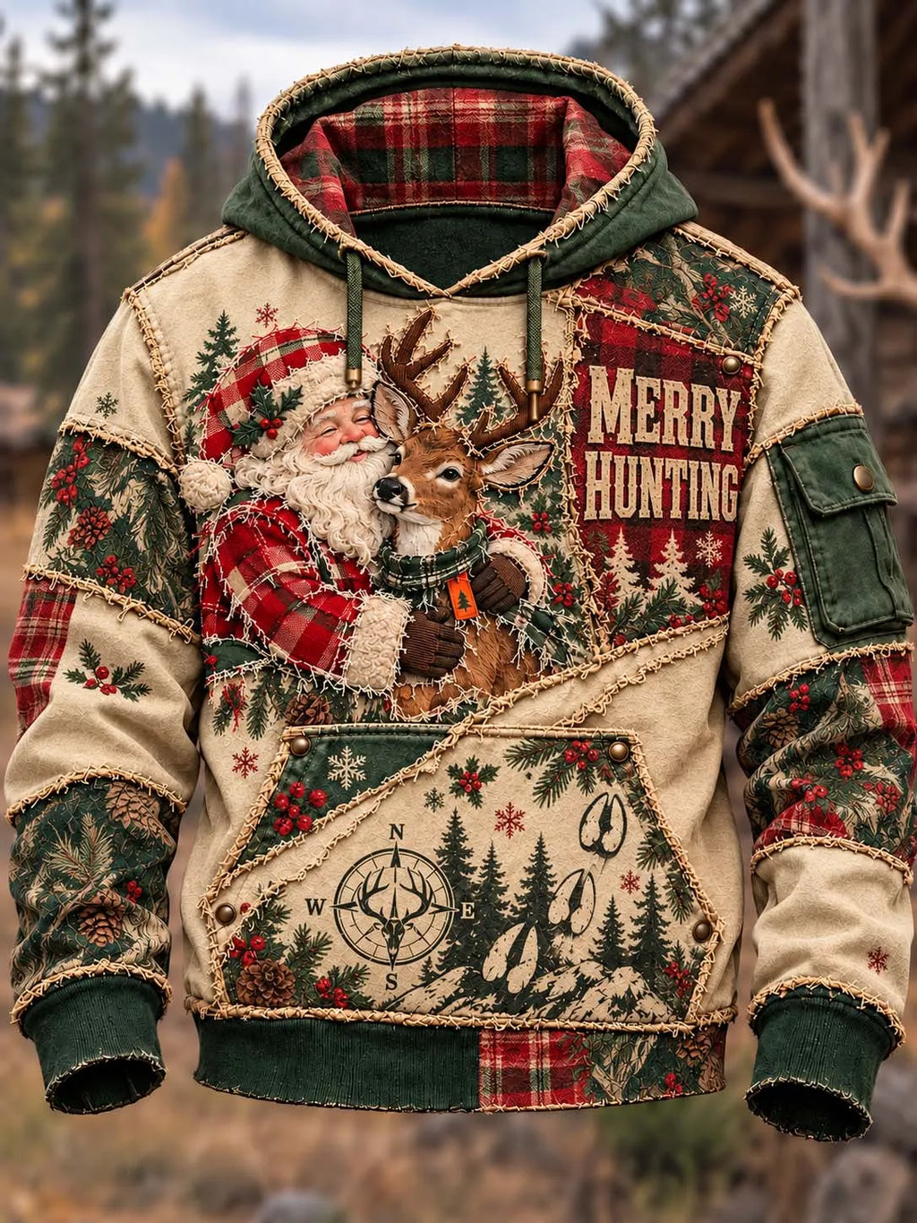 🎅 Vintage Santa Hugging Deer "Merry Hunting" Patchwork Hoodie