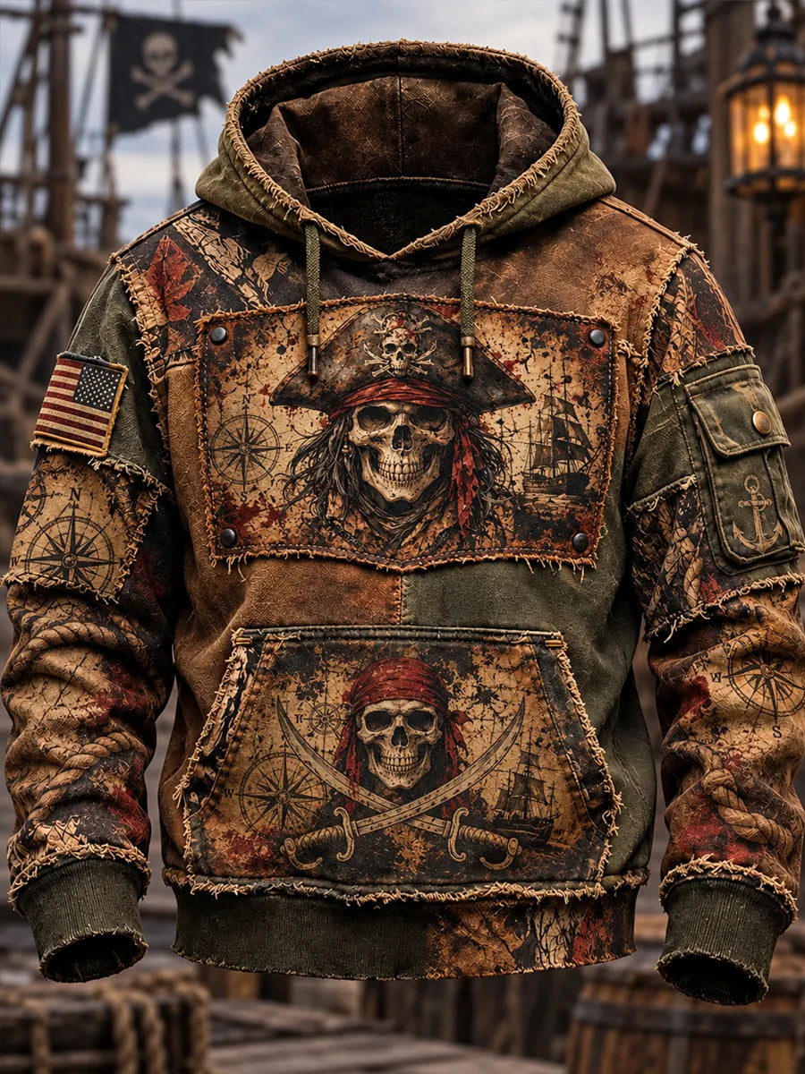 Men's Vintage Pirate Skull Art Print Casual Hoodie