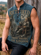 Men’s “Retired from Saving the Kingdom” Medieval Knight Print Sleeveless Lace-Up Top
