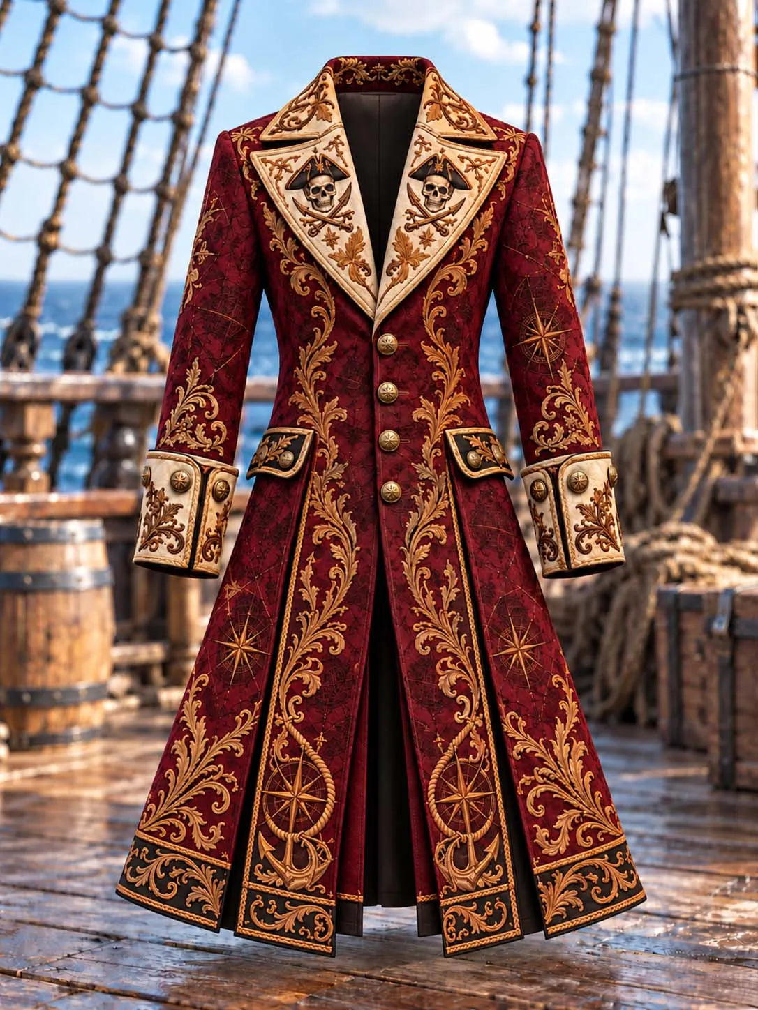 ⚓ Victorian Gold Scroll & Jolly Roger Crimson Pirate Coat