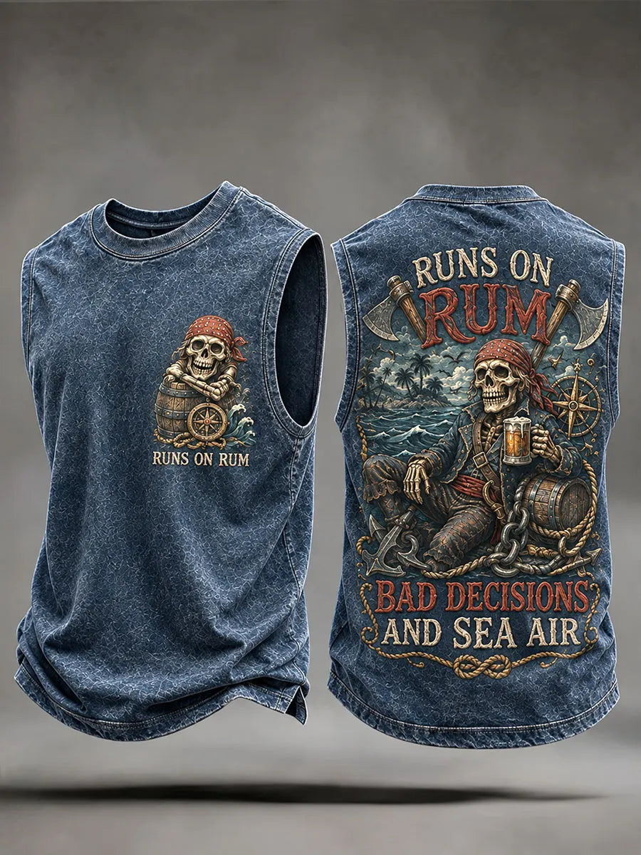 Men’s Pirate Skull Rum Vintage Washed Sleeveless T-Shirt