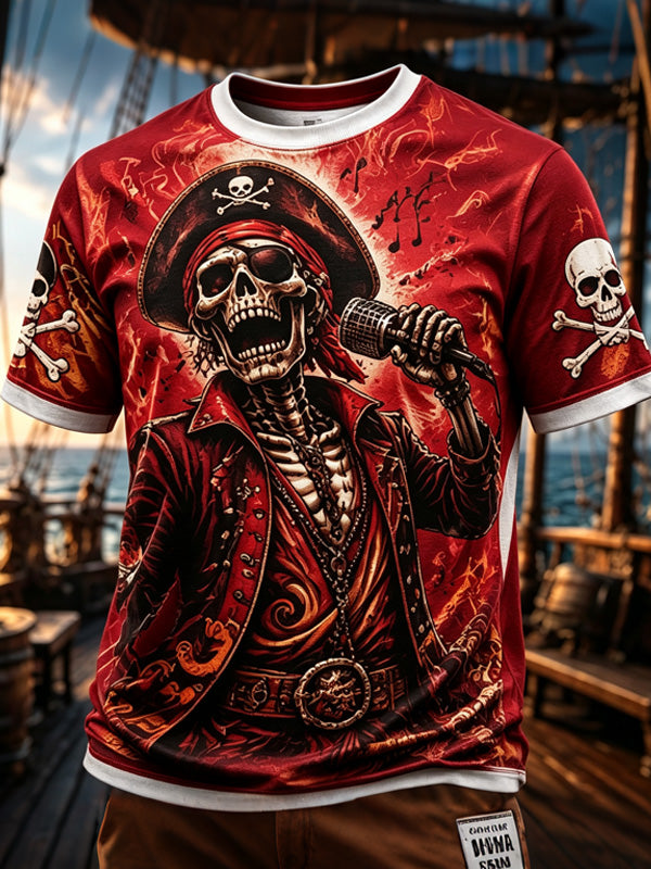Men's Rockstar Singing Undead Skeleton Pirate Fiery Art Print Casual T-Shirt