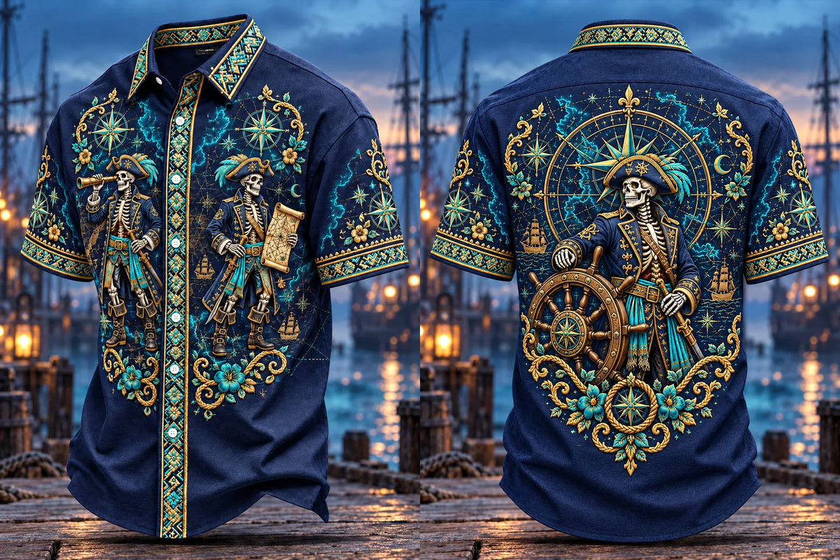 Nautical Compass Twin Pirate Skeleton Short Sleeve Shirt