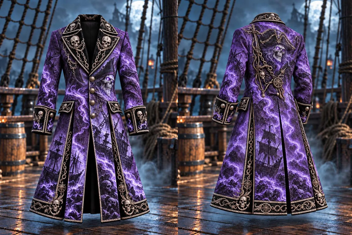 ⚡ Dark Purple Lightning Storm Skull Pirate Long Coat