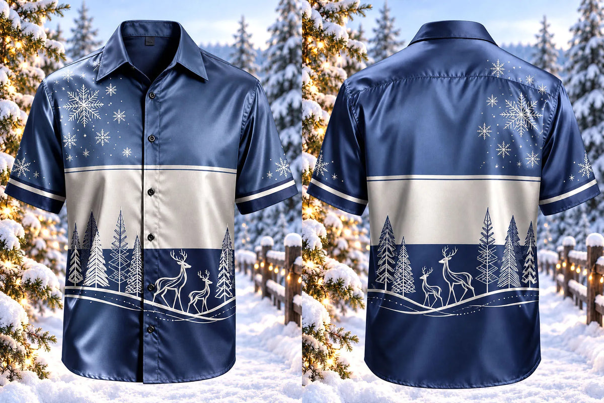 Men’s Christmas Woodland Deer & Snowflake Print Short-Sleeve Shirt