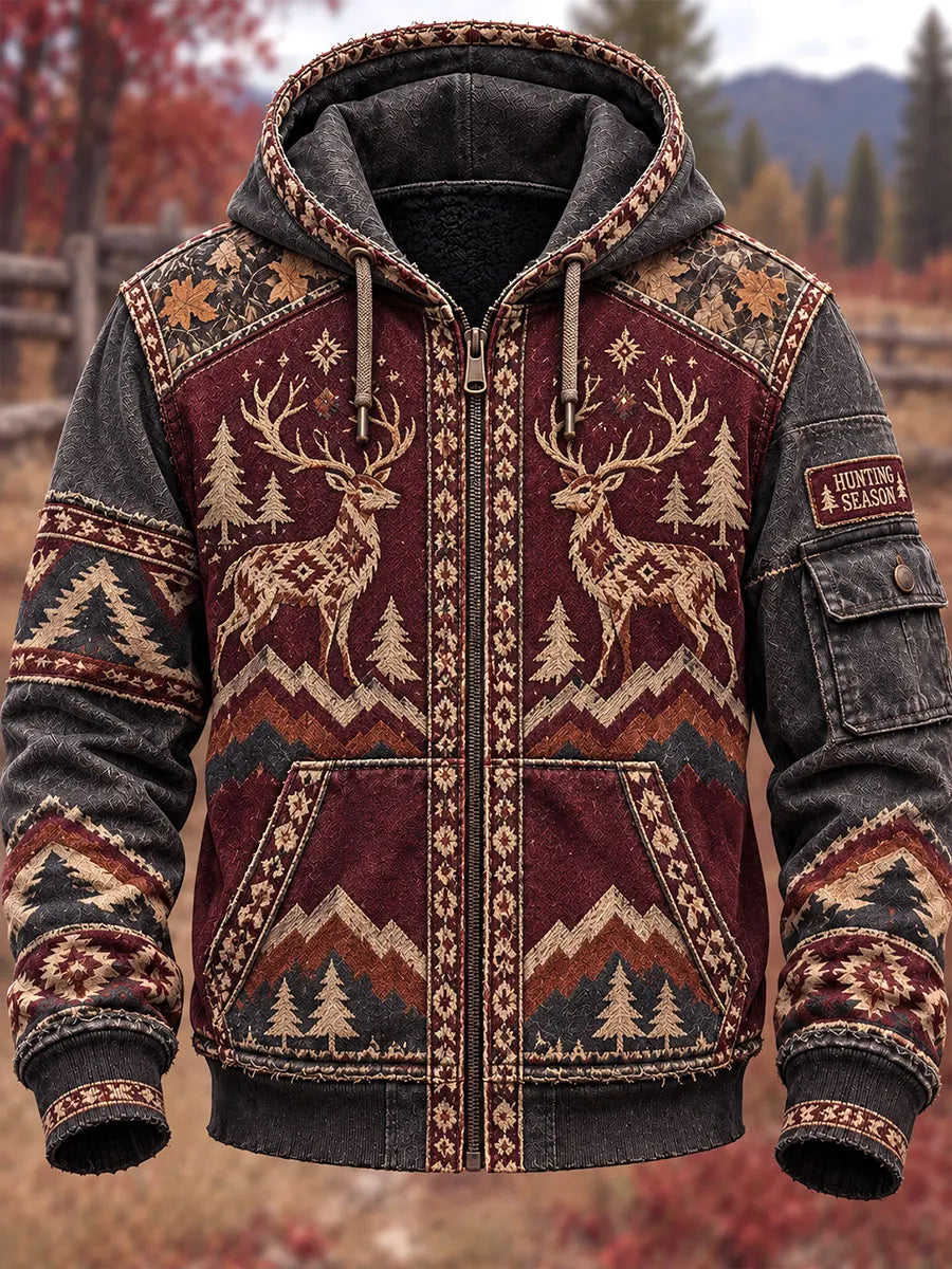 Men's Vintage Double Deer Nordic Geometric Print Zip-Up Hoodie