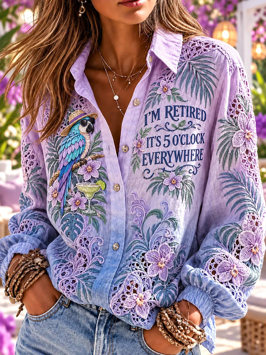 Retired Parrot Cocktail Tropical Lace Women’s Long Sleeve Shirt