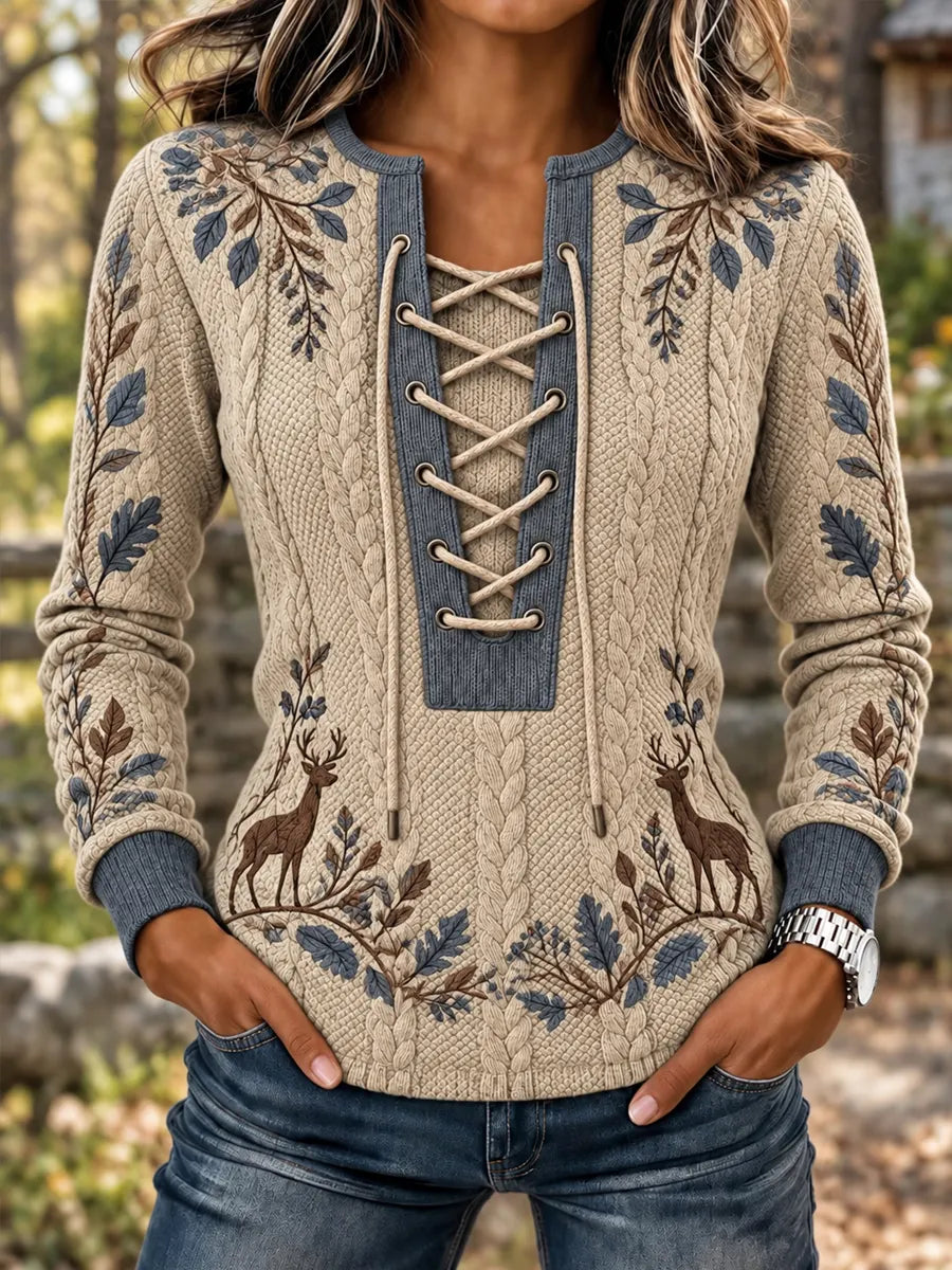 Women's Vintage Retro Hunting Culture Reindeer Print Stitch-Detail Sweatshirt