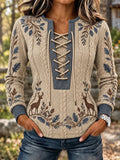 Women's Vintage Retro Hunting Culture Reindeer Print Stitch-Detail Sweatshirt