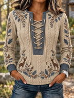 Women's Vintage Retro Hunting Culture Reindeer Print Stitch-Detail Sweatshirt