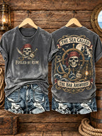 Women’s Vintage “The Sea Called, The Bar Answered” Pirate Skull Washed T-Shirt