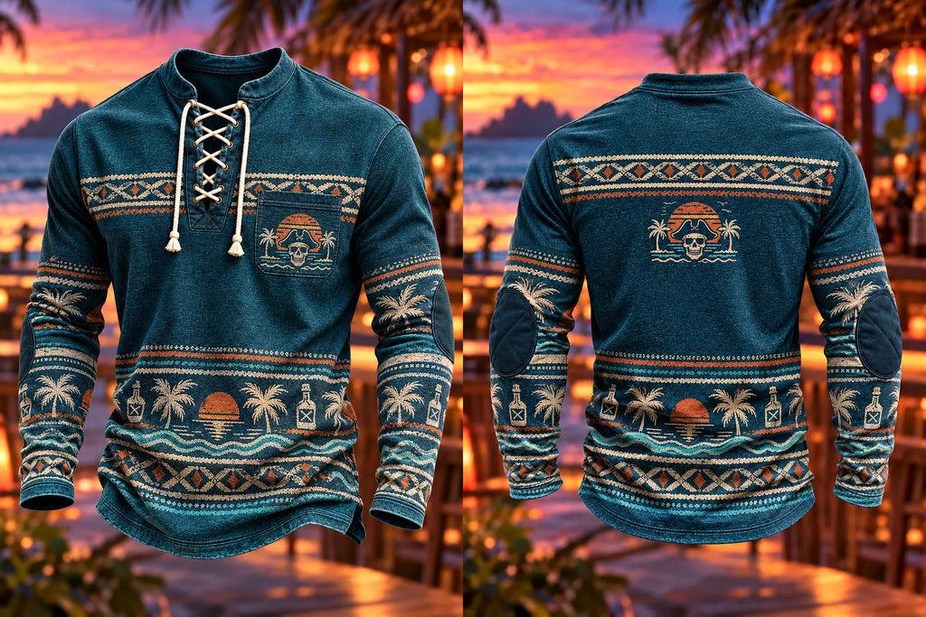 Men's Tropical Pirate Geometric Lace-Up Long Sleeve Shirt