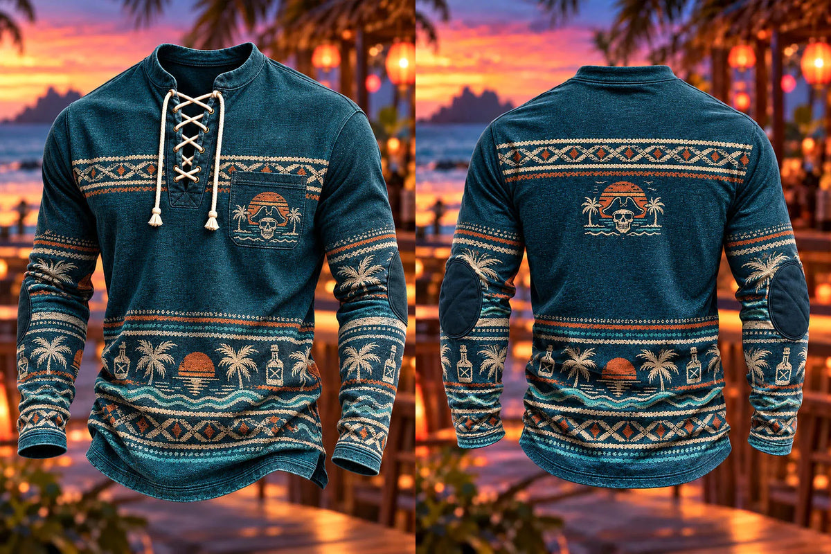 Men's Tropical Pirate Geometric Lace-Up Long Sleeve Shirt
