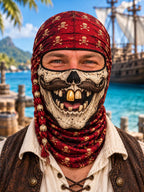 Fun pirate skull mask with exposed eyes – featuring a red and blue bandana design, adorned with a beard, nautical ropes, and skull motifs.