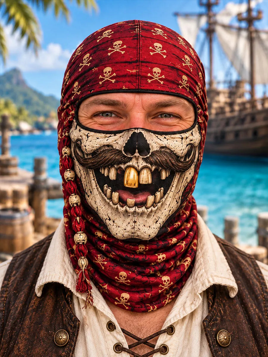Fun pirate skull mask with exposed eyes – featuring a red and blue bandana design, adorned with a beard, nautical ropes, and skull motifs.