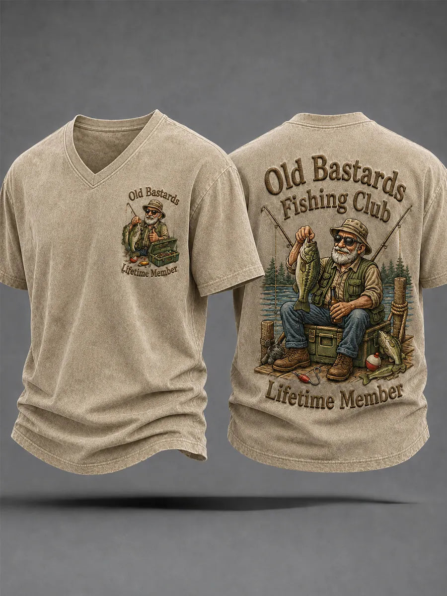 Men's Funny Old Bastards Fishing Club Lifetime Member Print Casual V-Neck Tee