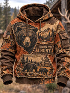 Men’s “Born to Hunt” Bear Head & Camo Patchwork-Print Pullover Hoodie