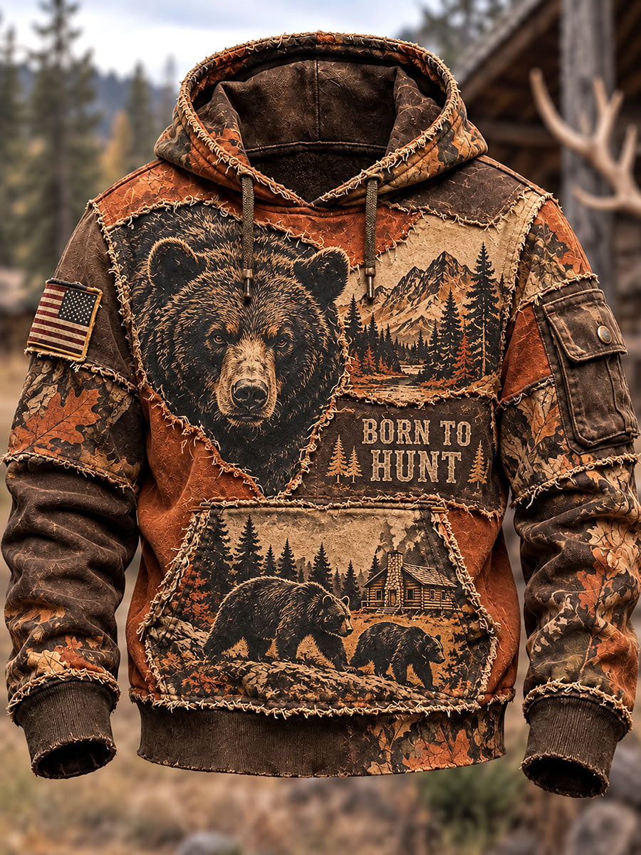 Men’s “Born to Hunt” Bear Head & Camo Patchwork-Print Pullover Hoodie