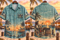 Tropical Island Sunset Pirate Skeleton Vacation Men’s Short Sleeve Shirt