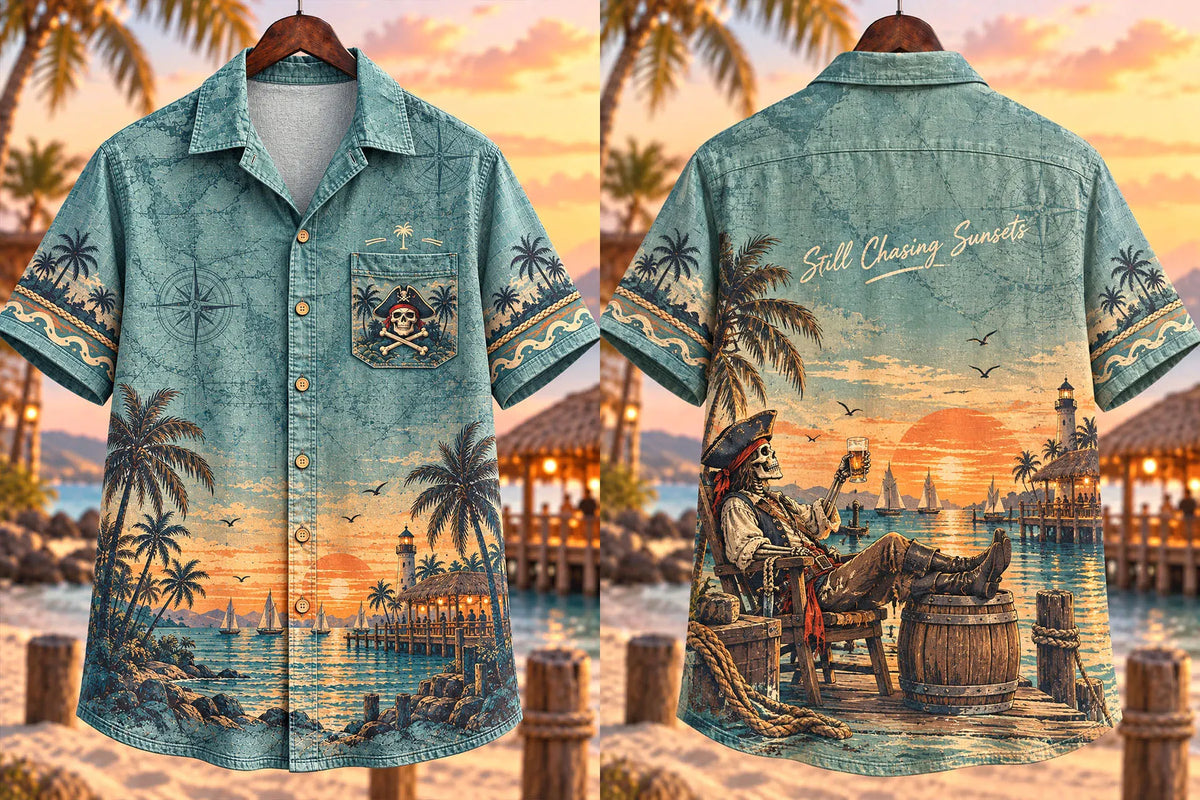 Tropical Island Sunset Pirate Skeleton Vacation Men’s Short Sleeve Shirt