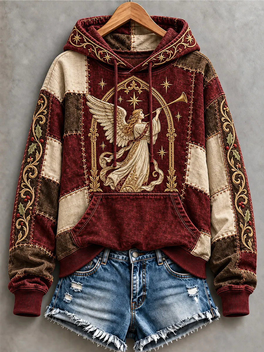 Heavenly Herald Angel – Vintage Burgundy & Gold Christian Christmas Patchwork Hoodie