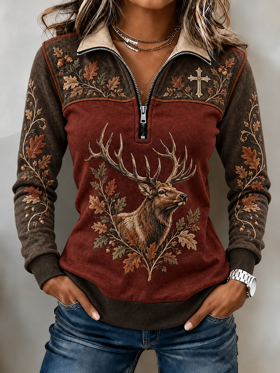 Women's Vintage  Retro Hunting Culture Faith Art Print Colorblock Half-Zip Sweatshirt