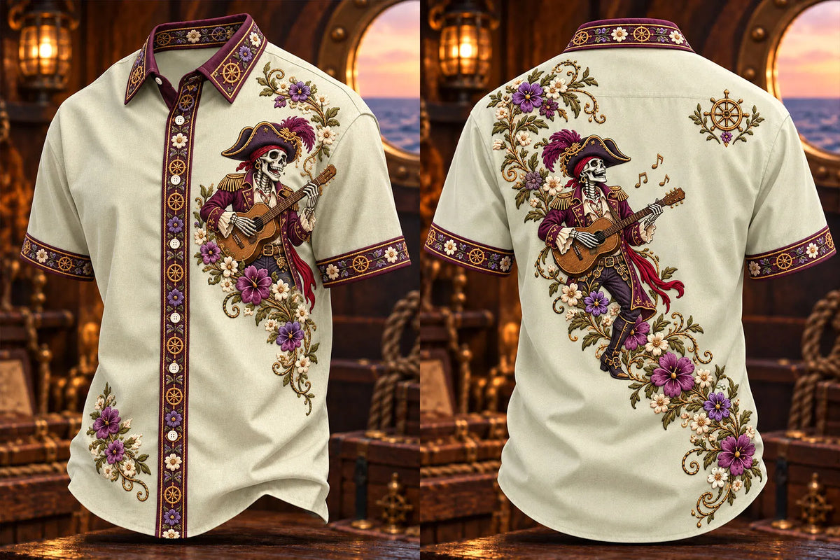 Guitar Pirate Skeleton Floral Short Sleeve Shirt