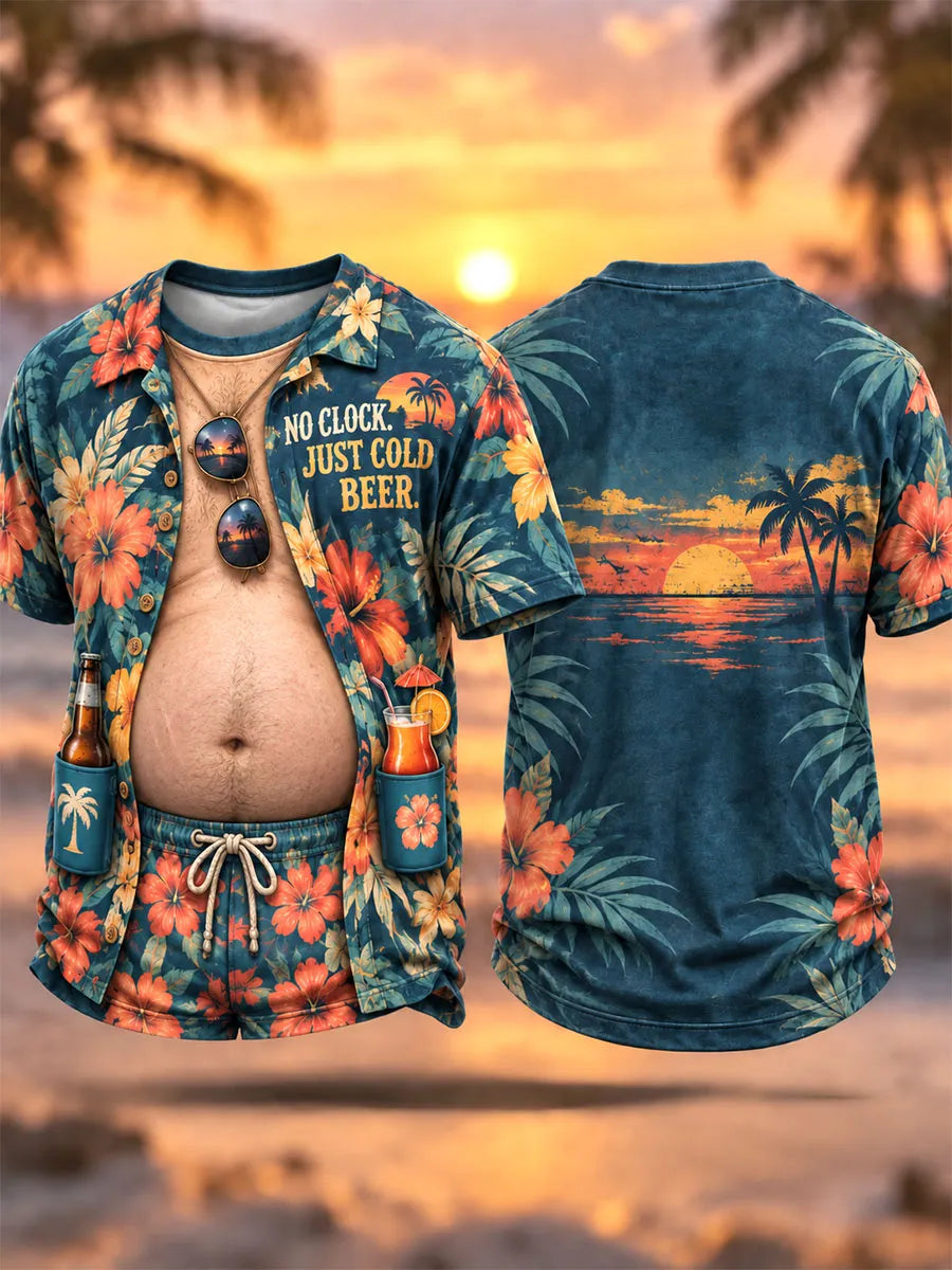 Men’s No Clock, Just Cold Beer Tropical Vacation Illusion Shirt