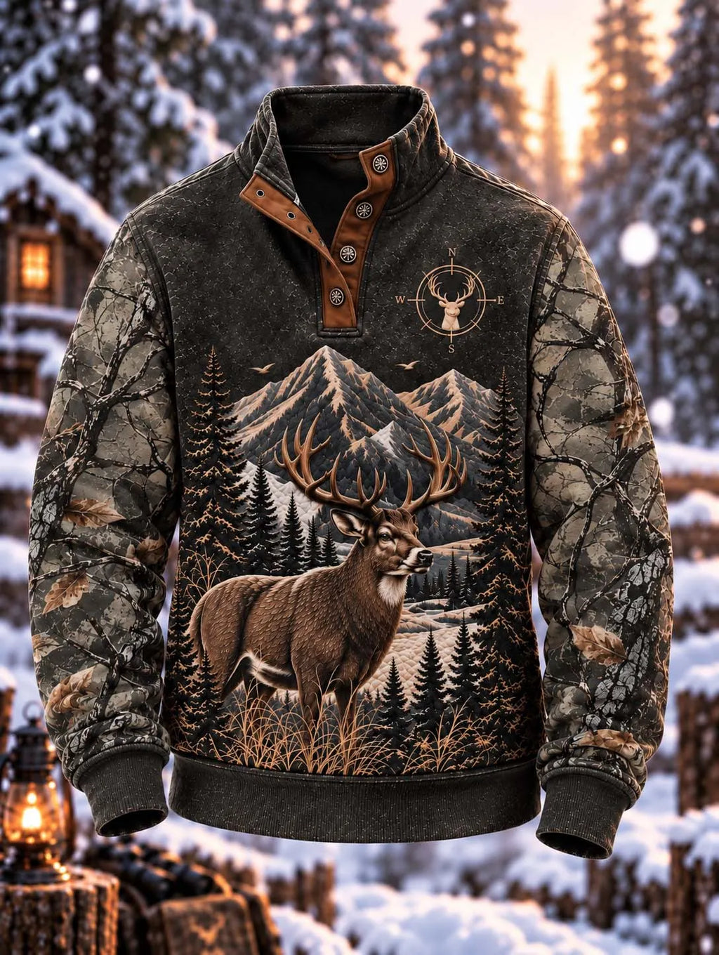 🌲 Men's Whitetail Deer & Mountain Quilted Hunting Compass Pullover 🦌